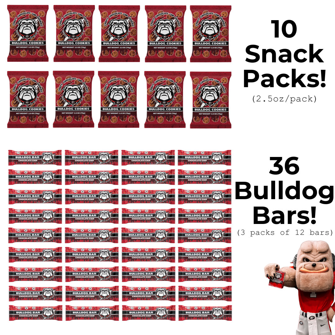 36 Bars & 10 Cookie Pouch Bulldog Snacks FAN PACK!